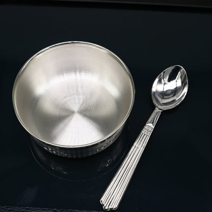 Handmade 999 pure sterling silver baby serving bowl and spoon set, featuring a healthy serving silver vessel by Tribal Ornaments.