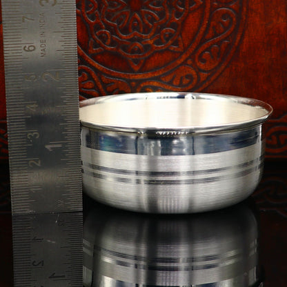 Handmade 999 pure sterling silver baby serving bowl and spoon set by Tribal Ornaments, elegant silver vessel for healthy food serving.