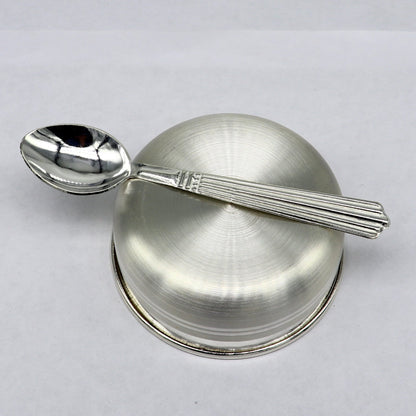 Handmade 999 pure sterling silver baby serving bowl and spoon set, healthy silver vessel for infants from Tribal Ornaments.
