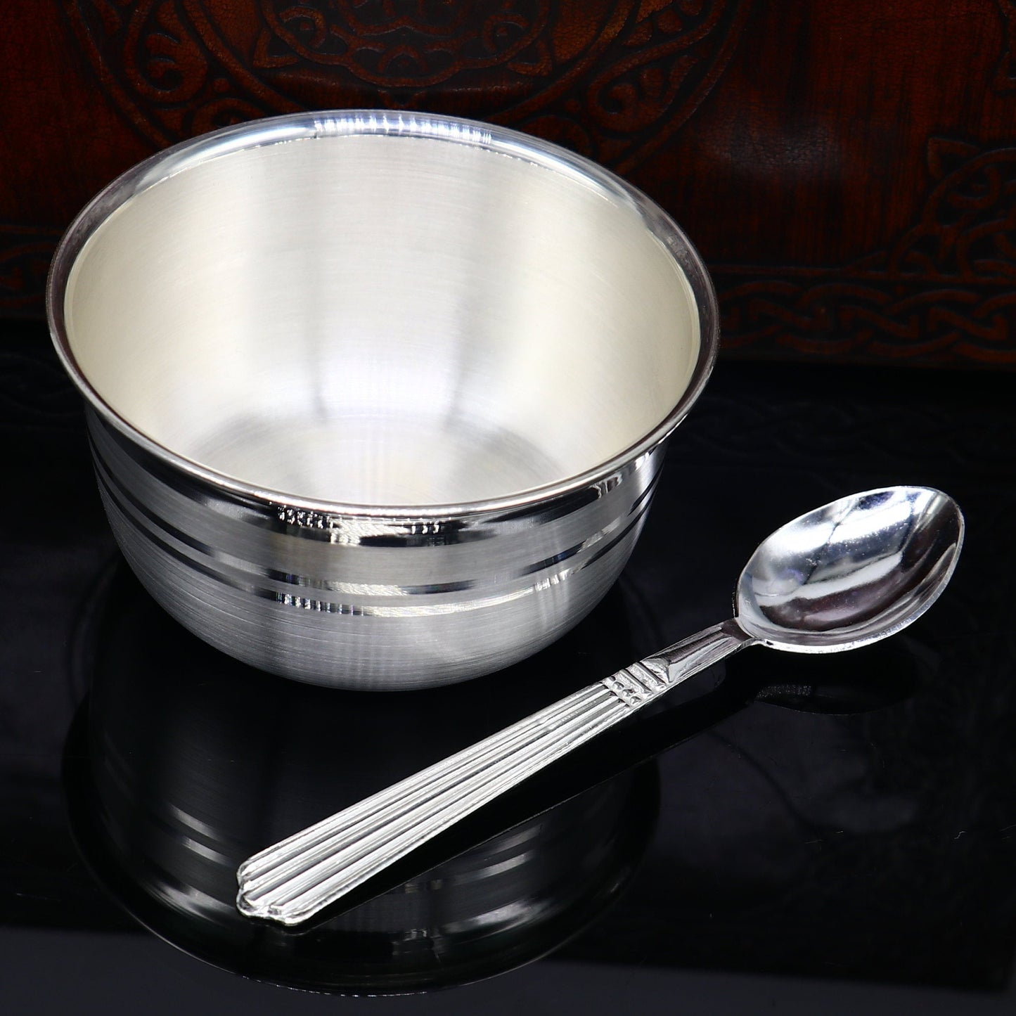 999 pure sterling silver handmade solid silver bowl & spoon, healthy serving bowl, silver vessel, baby serving food utensils baby set sv194 - TRIBAL ORNAMENTS