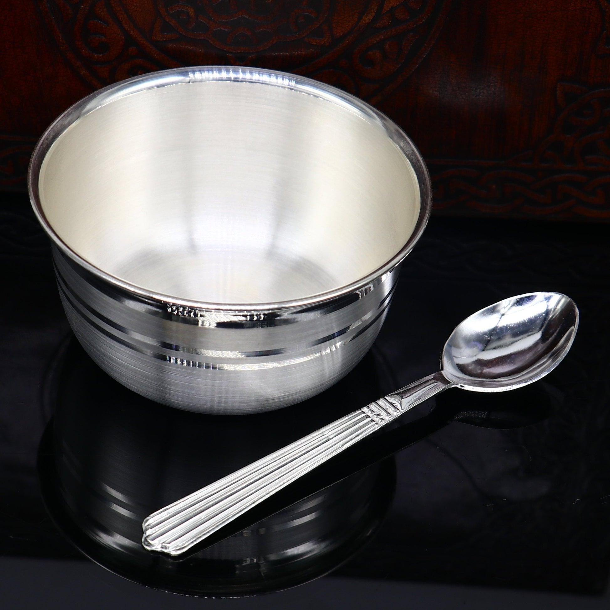 999 pure sterling silver handmade solid silver bowl & spoon, healthy serving bowl, silver vessel, baby serving food utensils baby set sv194 - TRIBAL ORNAMENTS