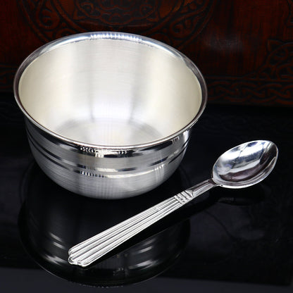 999 pure sterling silver handmade solid silver bowl & spoon, healthy serving bowl, silver vessel, baby serving food utensils baby set sv194 - TRIBAL ORNAMENTS
