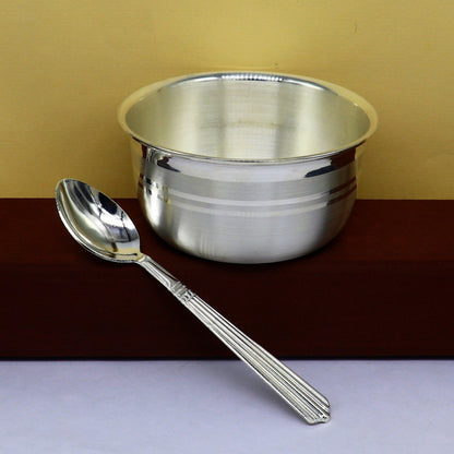 999 pure sterling silver handmade solid silver bowl & spoon, healthy serving bowl, silver vessel, baby serving food utensils baby set sv194 - TRIBAL ORNAMENTS
