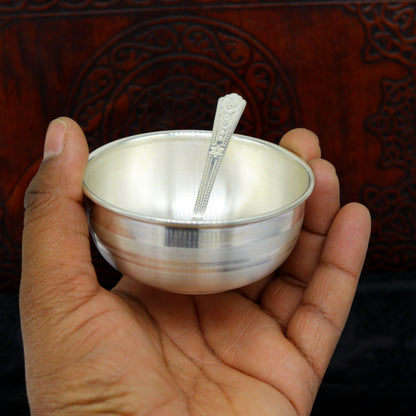 999 solid pure silver handmade bowl and spoon, table serving bowl, silver vessel, baby feeding utensils, silver kitchen art baby set sv86 - TRIBAL ORNAMENTS