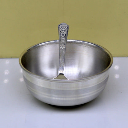 999 solid pure silver handmade bowl and spoon, table serving bowl, silver vessel, baby feeding utensils, silver kitchen art baby set sv86 - TRIBAL ORNAMENTS