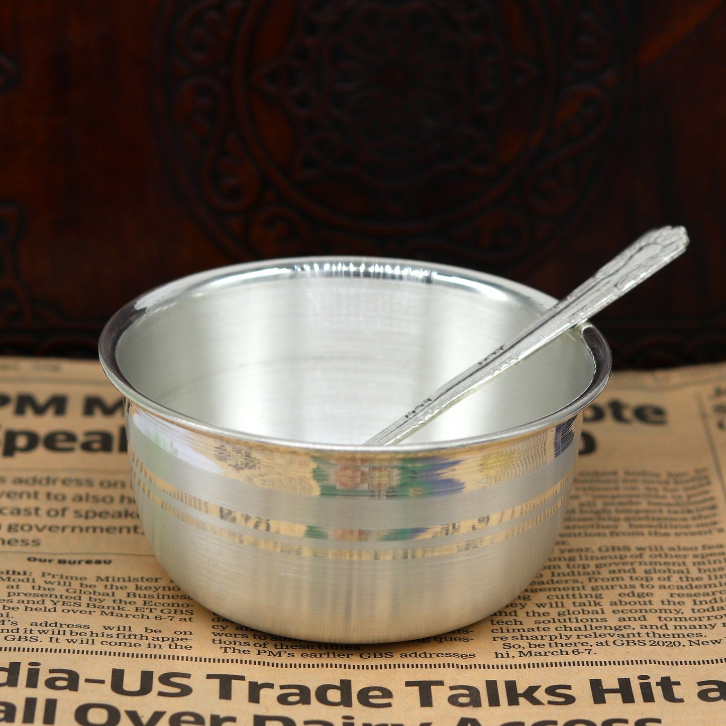Pure silver handmade utensils set with bowl and spoon for baby feeding, traditional tribal design, elegant silver vessel for serving.