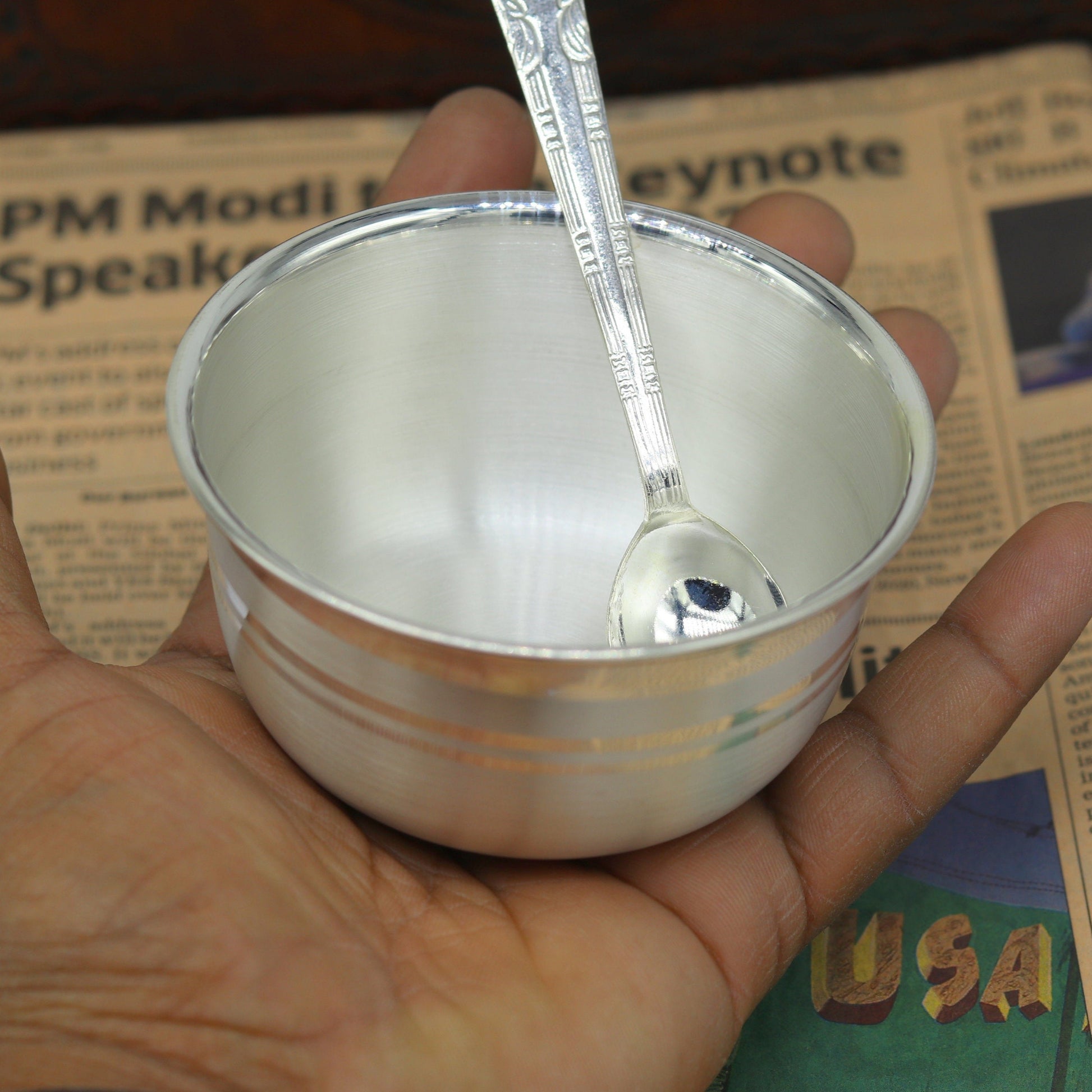 Handmade 999 solid pure silver utensils bowl and spoon set for baby feeding and table serving by Tribal Ornaments.