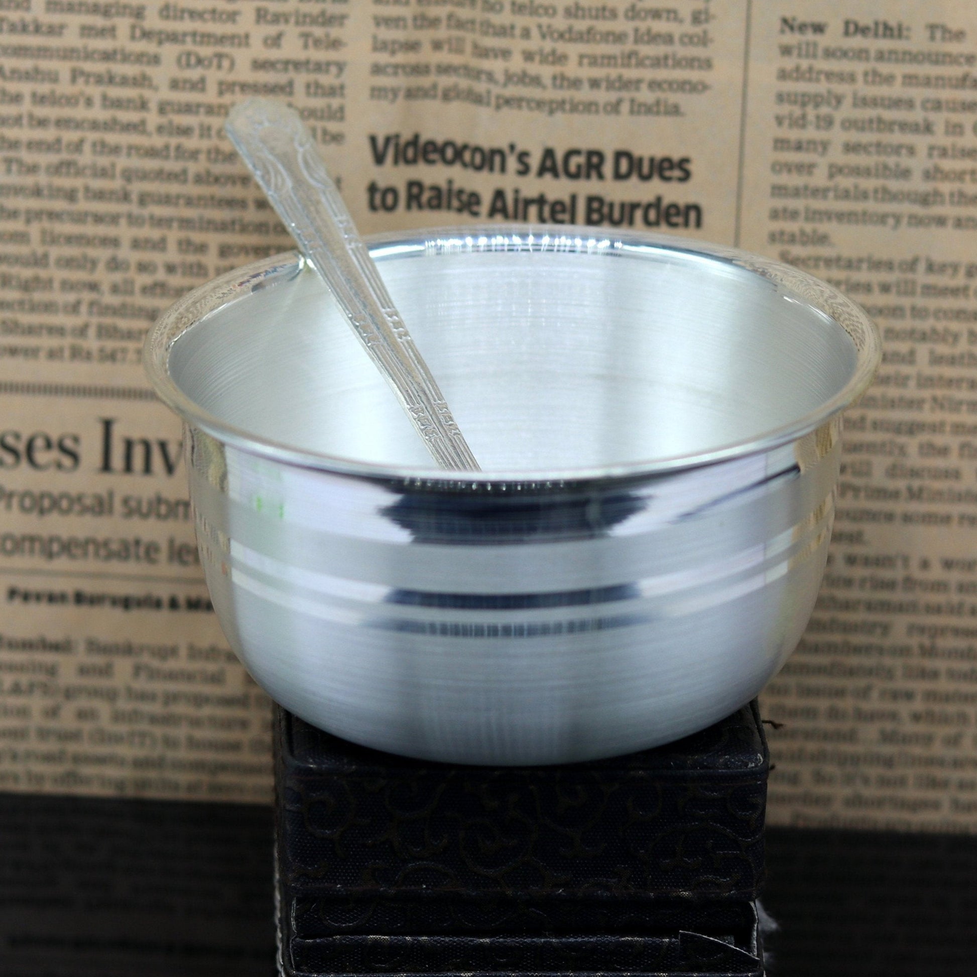 Handmade 999 solid pure silver bowl and spoon set by Tribal Ornaments, ideal for baby feeding and table serving.