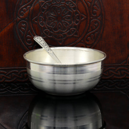 999 solid pure silver handmade utensils bowl and spoon, table serving bowl, silver vessel, baby feeding, silver kitchen art baby set sv88 - TRIBAL ORNAMENTS