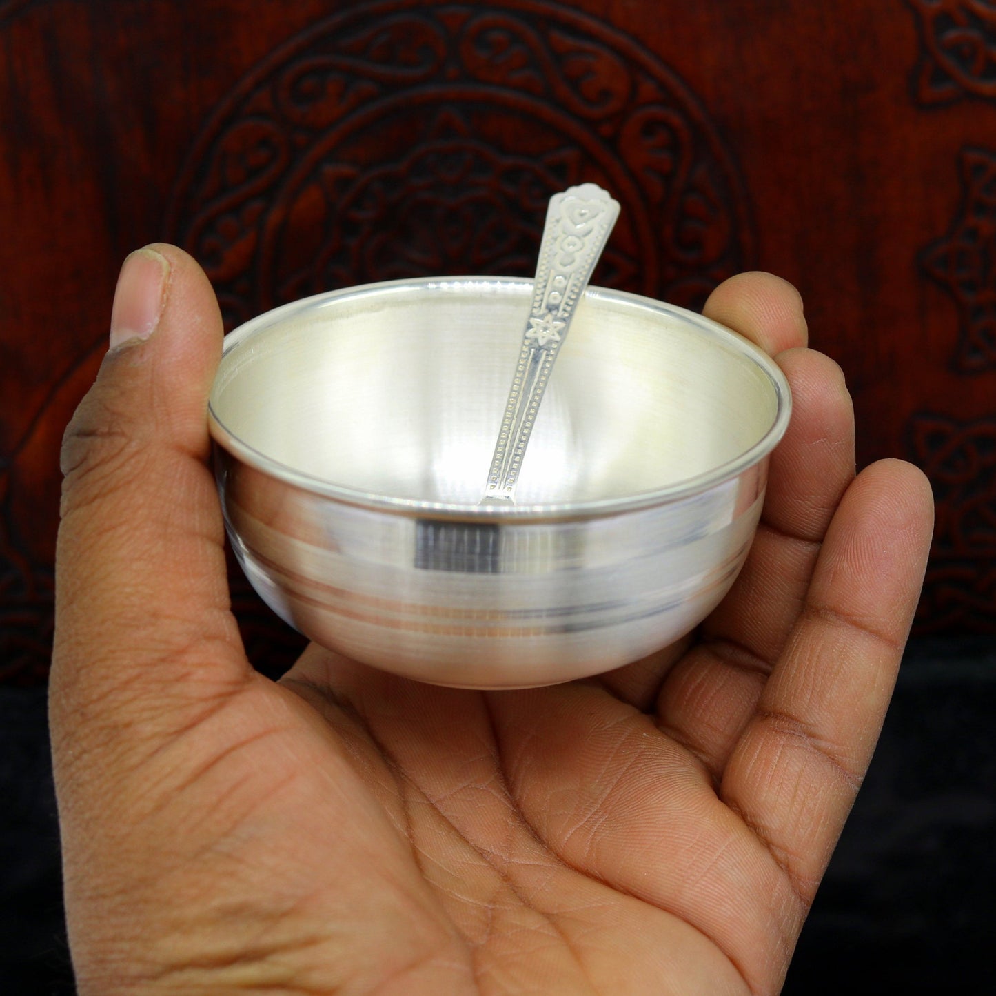 999 solid pure silver handmade utensils bowl and spoon, table serving bowl, silver vessel, baby feeding, silver kitchen art baby set sv88 - TRIBAL ORNAMENTS
