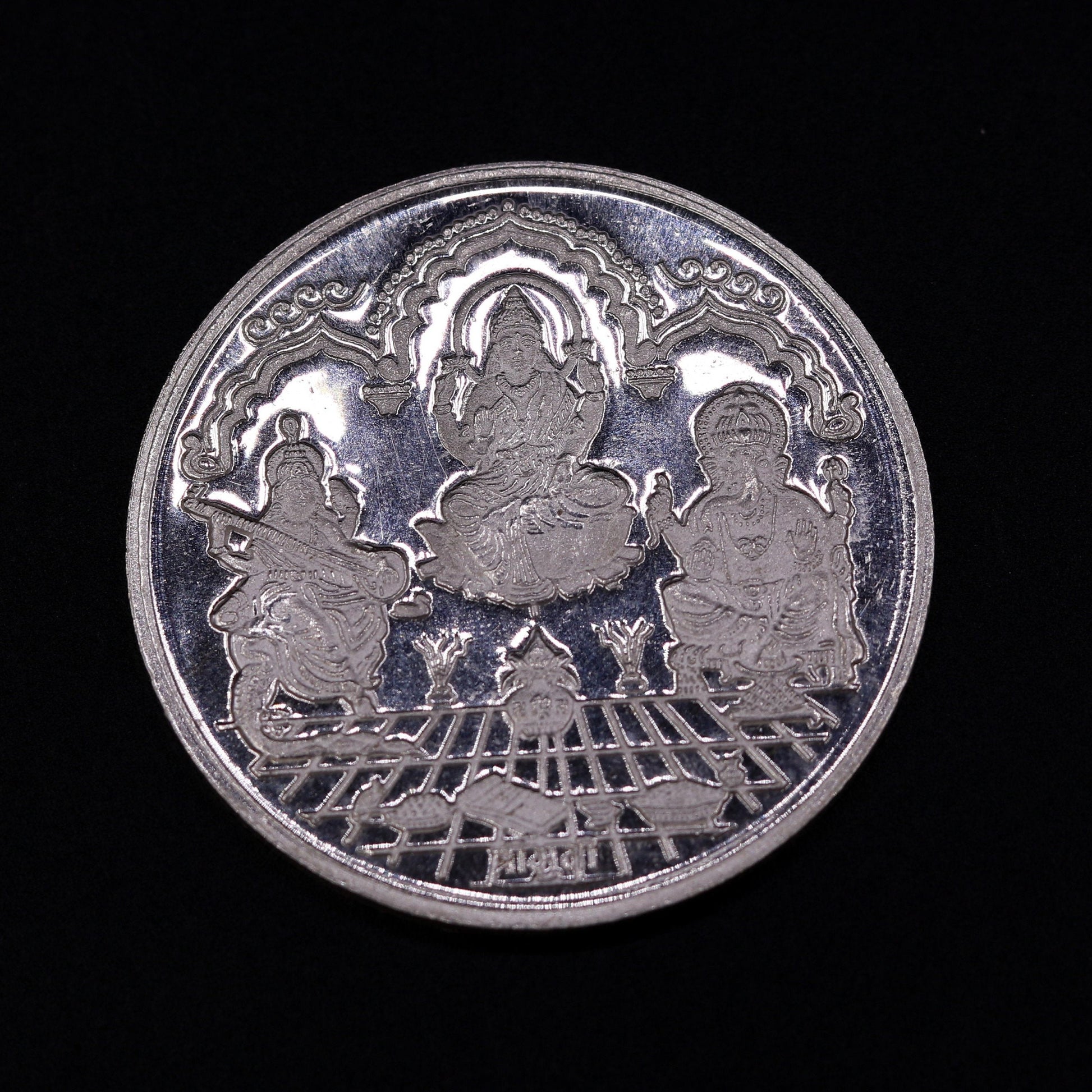 999 solid silver amazing Indian idol lord Ganesha laxmi and sarashwati print 20 grams coin amazing gifting and collcetible coin sst04 - TRIBAL ORNAMENTS