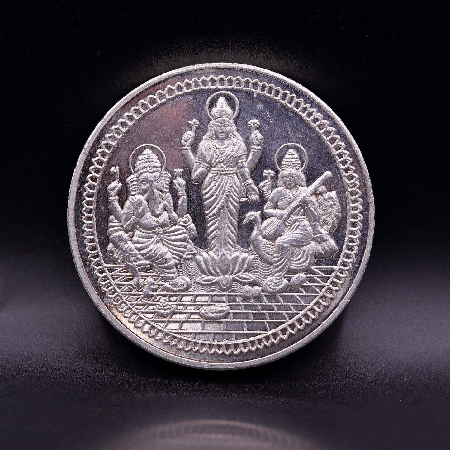 999 solid silver amazing Indian idol lord Ganesha laxmi and sarashwati print 200 grams coin amazing gifting and collcetible coin sst03 - TRIBAL ORNAMENTS