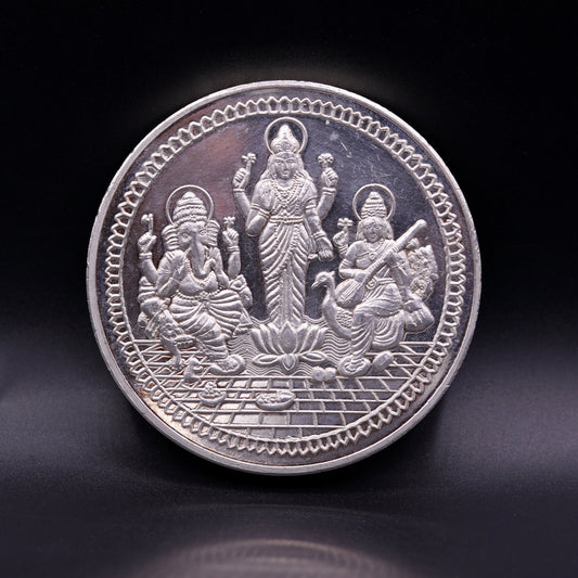 999 solid silver amazing Indian idol lord Ganesha laxmi and sarashwati print 200 grams coin amazing gifting and collcetible coin sst03 - TRIBAL ORNAMENTS