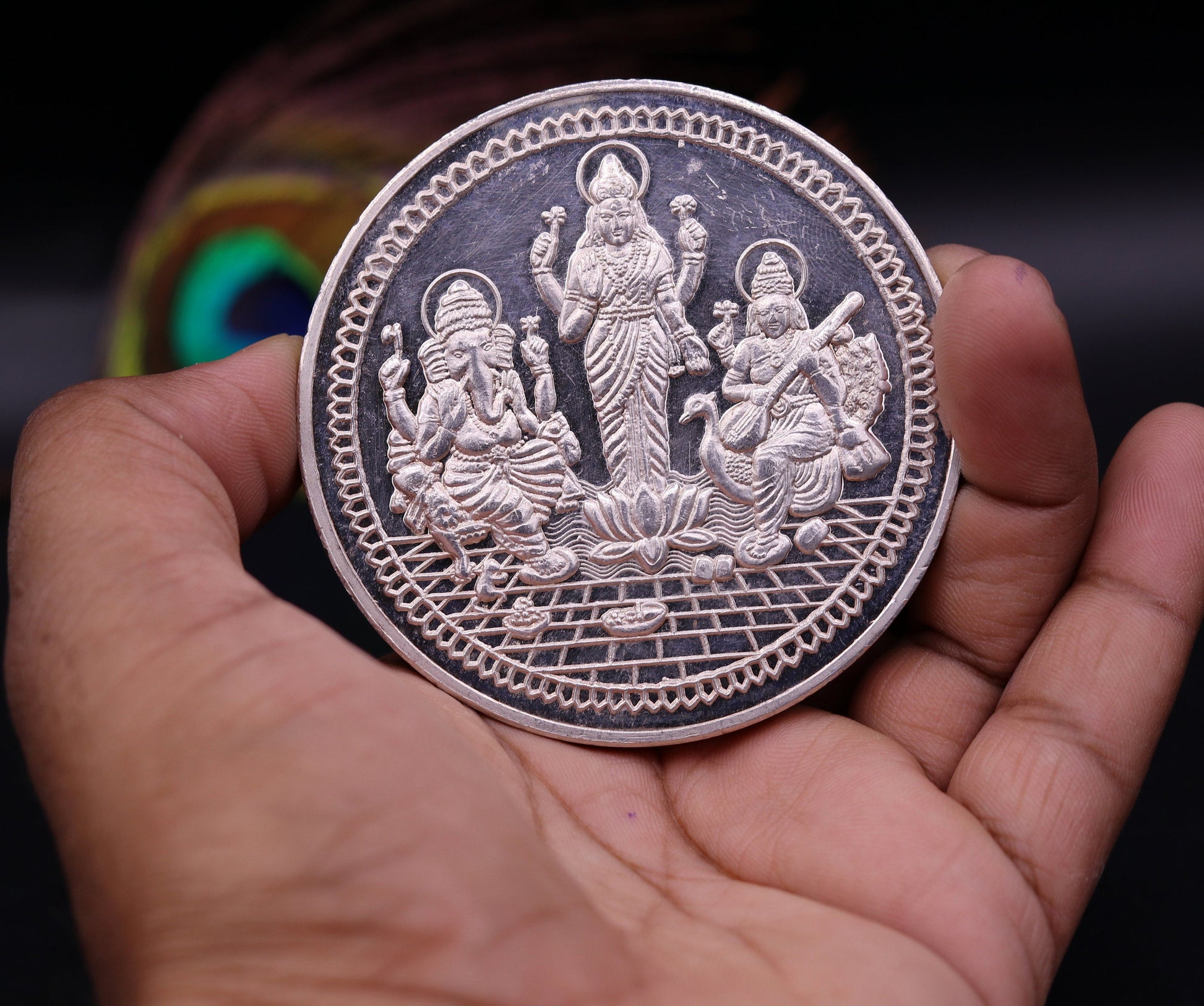 999 solid silver amazing Indian idol lord Ganesha laxmi and sarashwati print 200 grams coin amazing gifting and collcetible coin sst03 - TRIBAL ORNAMENTS