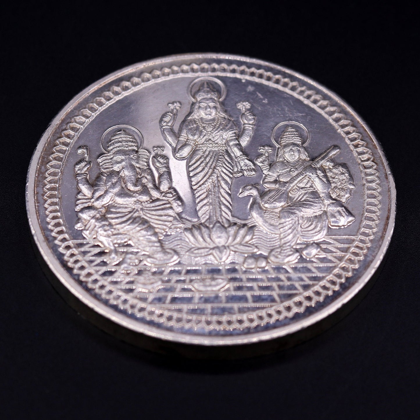 999 solid silver amazing Indian idol lord Ganesha laxmi and sarashwati print 200 grams coin amazing gifting and collcetible coin sst03 - TRIBAL ORNAMENTS