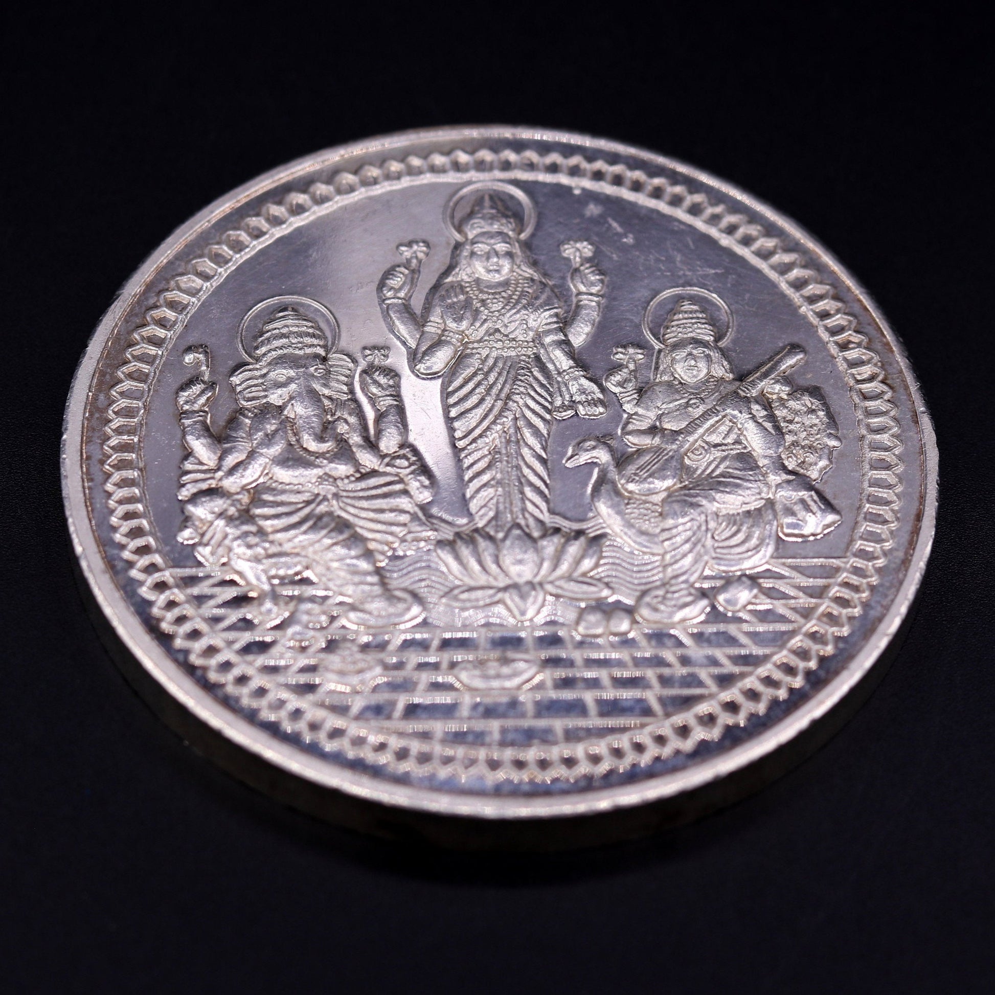 999 solid silver amazing Indian idol lord Ganesha laxmi and sarashwati print 200 grams coin amazing gifting and collcetible coin sst03 - TRIBAL ORNAMENTS