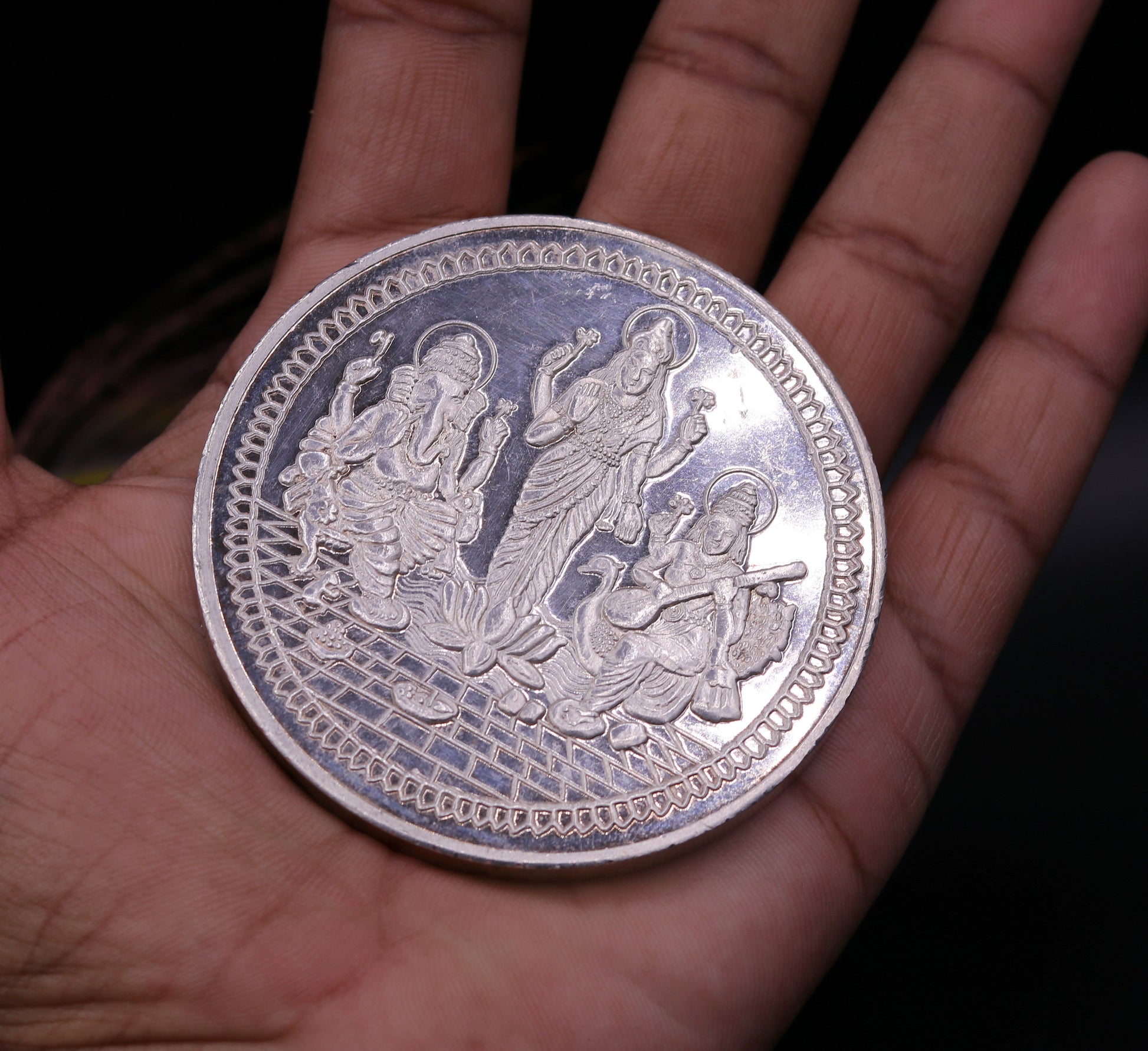 999 solid silver amazing Indian idol lord Ganesha laxmi and sarashwati print 200 grams coin amazing gifting and collcetible coin sst03 - TRIBAL ORNAMENTS