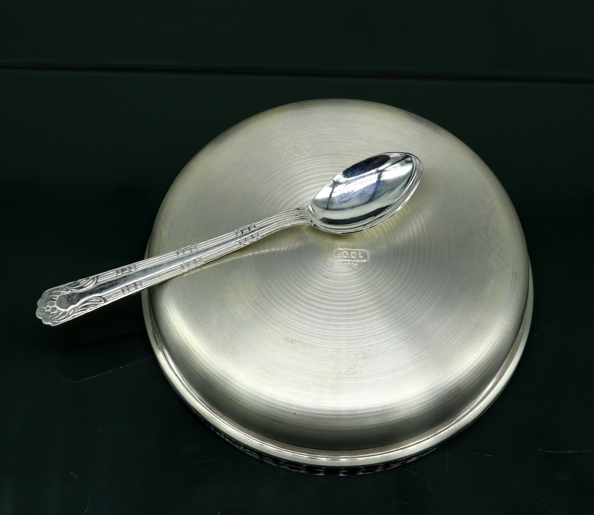 999 sterling silver handmade silver plate tray with spoon, silver baby utensil set , silver baby food tray , silver utensils  india sv152 - TRIBAL ORNAMENTS