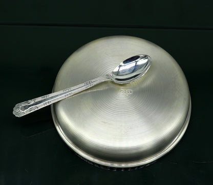 999 sterling silver handmade silver plate tray with spoon, silver baby utensil set , silver baby food tray , silver utensils  india sv152 - TRIBAL ORNAMENTS