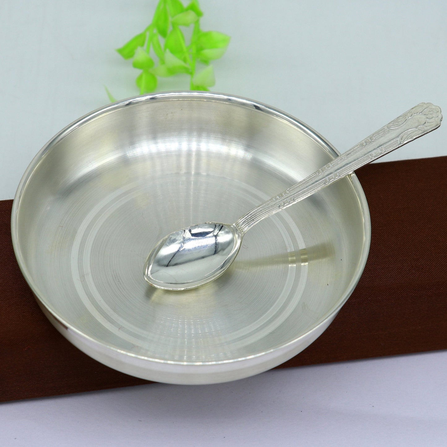 999 sterling silver handmade silver plate tray with spoon, silver baby utensil set , silver baby food tray , silver utensils  india sv152 - TRIBAL ORNAMENTS