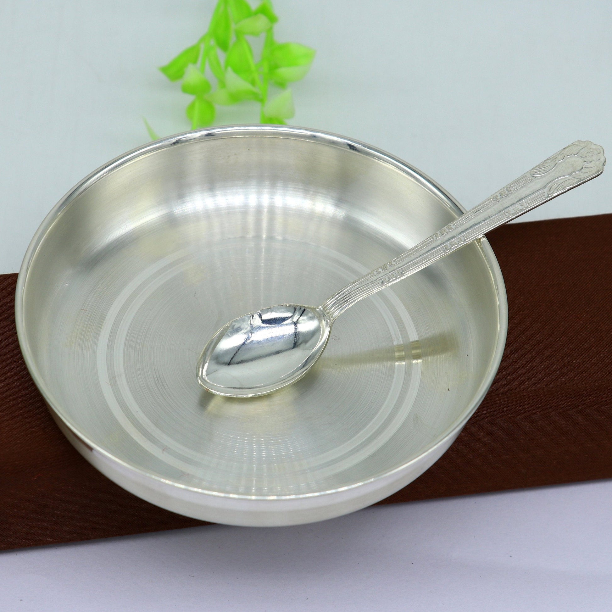 999 sterling silver handmade silver plate tray with spoon, silver baby utensil set , silver baby food tray , silver utensils  india sv152 - TRIBAL ORNAMENTS