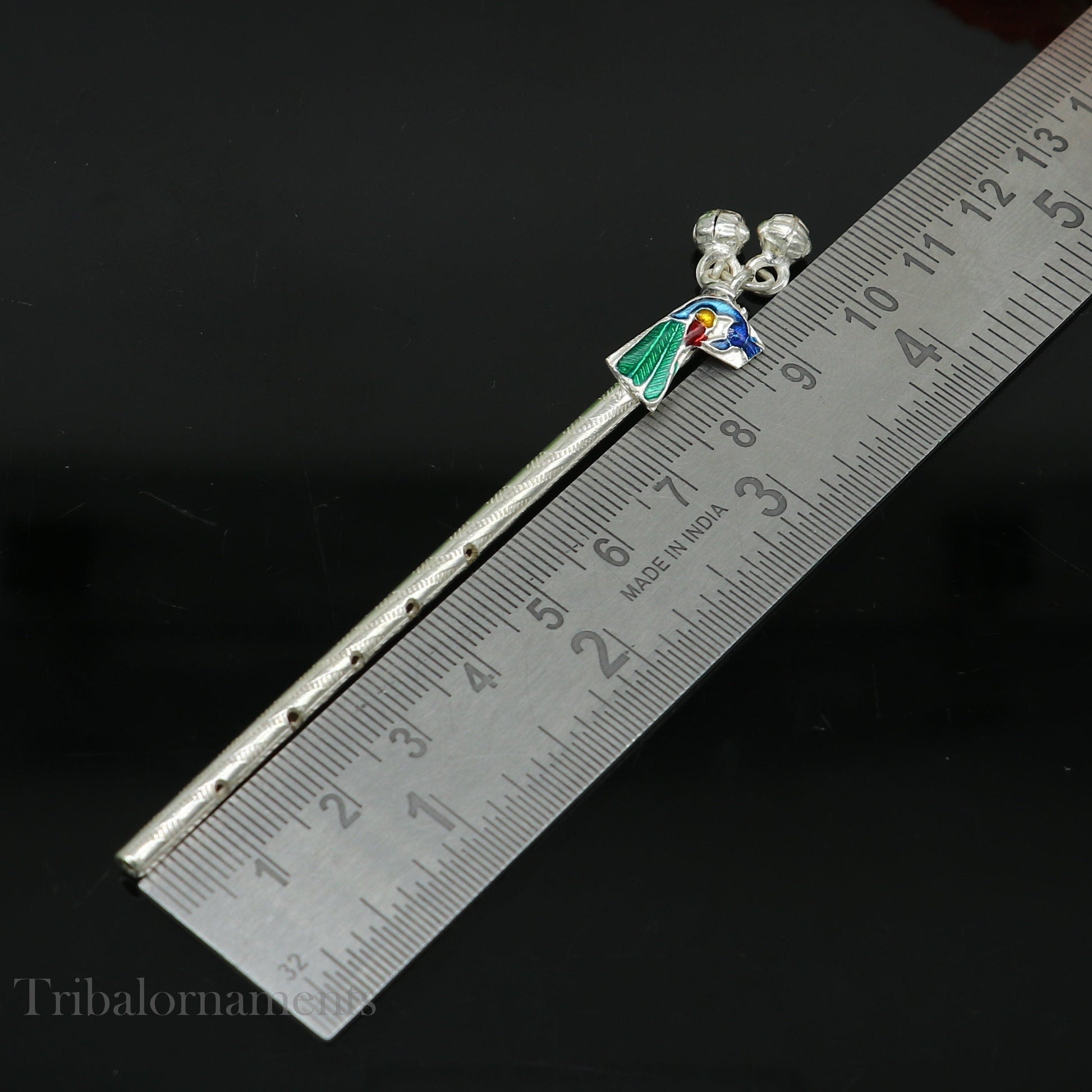 9cm long sterling silver handmade Peacock design Krishna flute, silver Bansuri, Baby Gopala flute, little krishna flute puja art su581 - TRIBAL ORNAMENTS