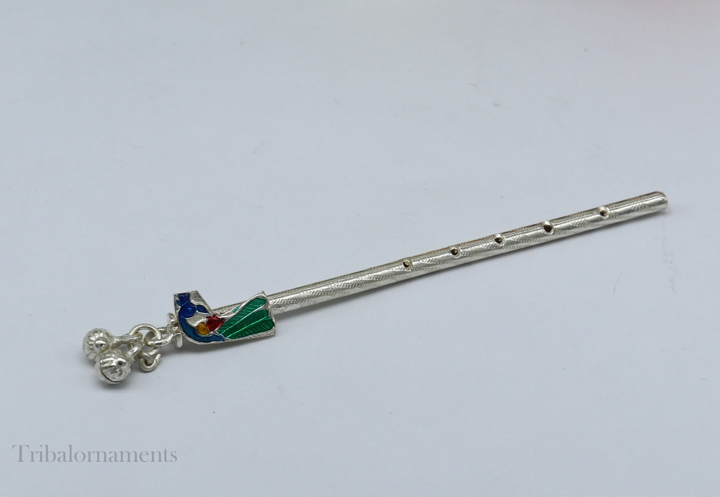 9cm long sterling silver handmade Peacock design Krishna flute, silver Bansuri, Baby Gopala flute, little krishna flute puja art su581 - TRIBAL ORNAMENTS
