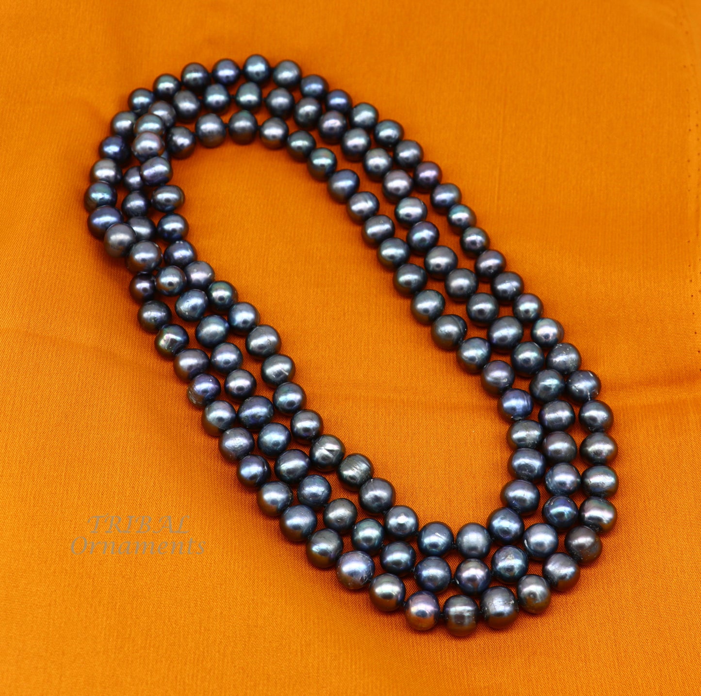 Dark gray 9mm freshwater pearl beaded necklace, 48 inches long, shining jewelry chain for brides and grooms by TRIBAL ORNAMENTS.