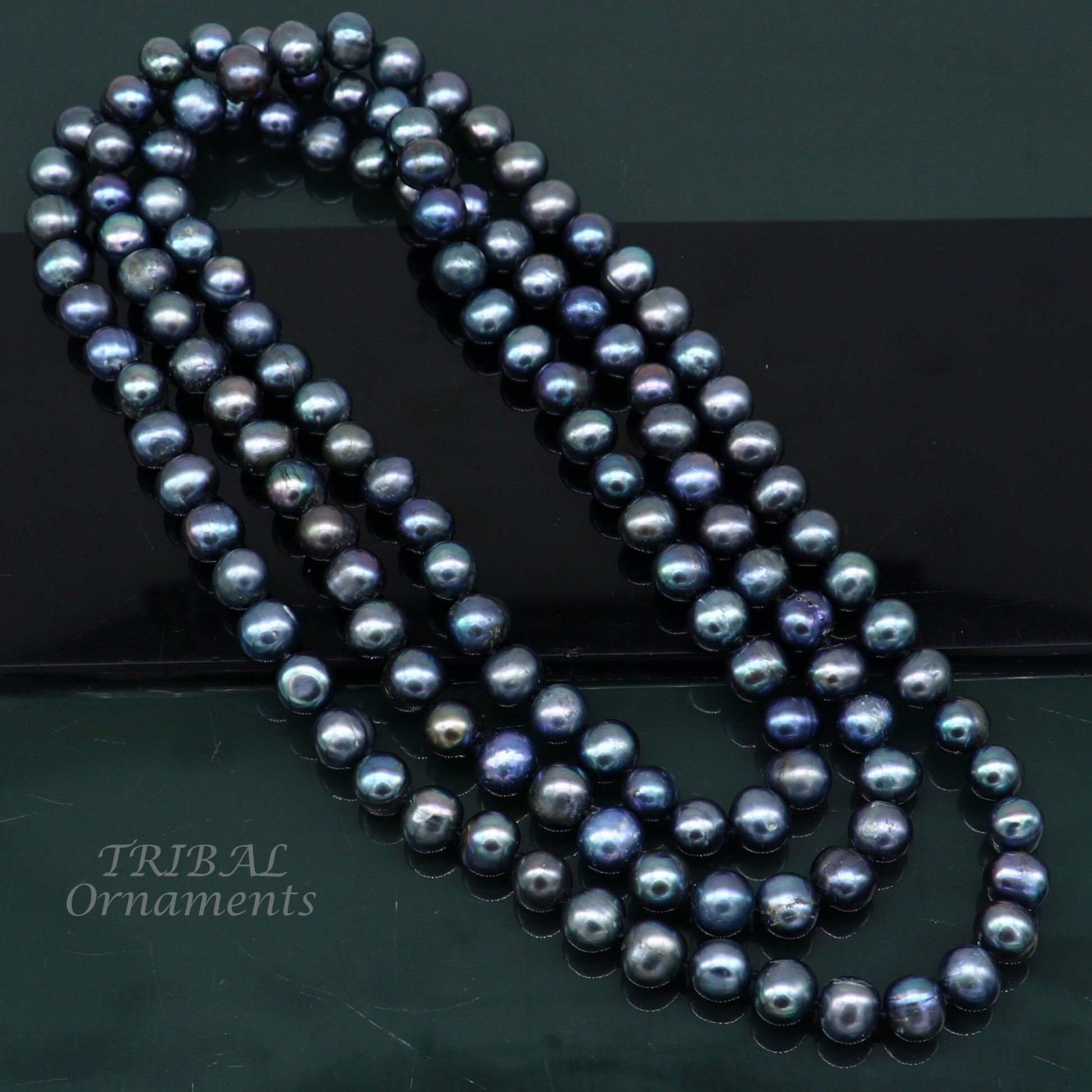 Dark gray 9mm freshwater pearl beaded necklace chain by Tribal Ornaments, 48 inches, perfect for brides and grooms.