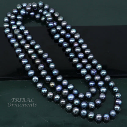 Dark gray 9mm freshwater pearl beaded necklace chain by Tribal Ornaments, 48 inches, perfect for brides and grooms.