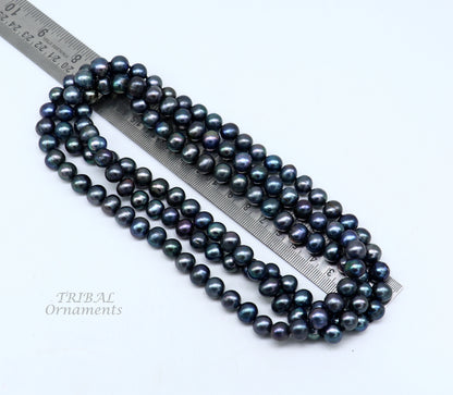 Dark gray 9mm freshwater pearl beaded necklace chain, 48 inches long, with bright shining beads, perfect for bridal or groom jewelry.