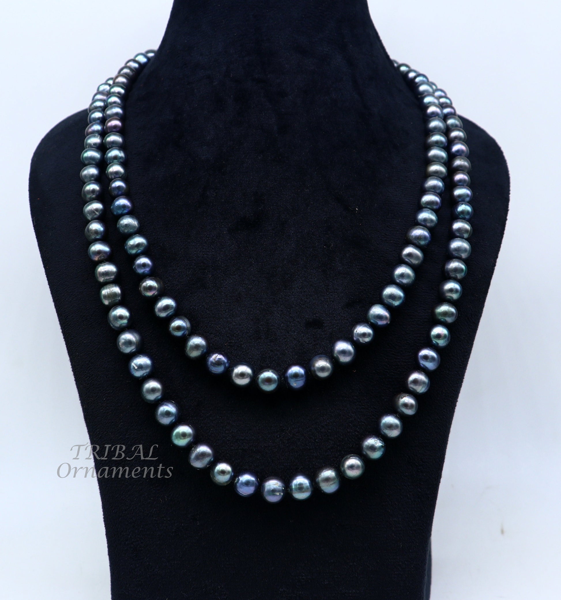 Dark gray 9mm freshwater pearl beaded necklace chain, 48 inches long, shiny and elegant jewelry for brides and grooms by Tribal Ornaments.