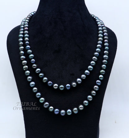 Dark gray 9mm freshwater pearl beaded necklace chain, 48 inches long, shiny and elegant jewelry for brides and grooms by Tribal Ornaments.