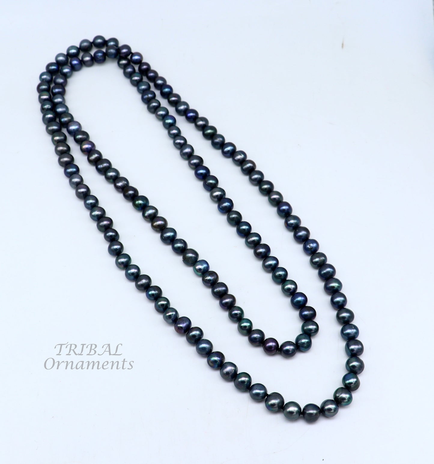 Dark gray 9mm freshwater pearl beaded necklace, 48-inch chain, shiny and elegant jewelry for brides and grooms by Tribal Ornaments.