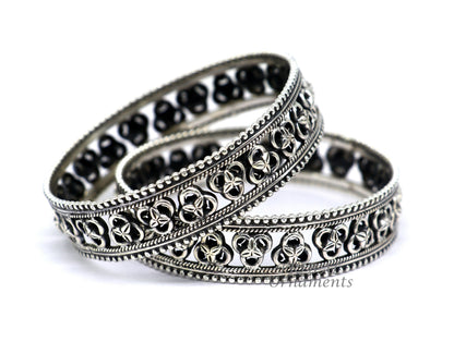 925 sterling silver flower design bangle bracelet by TRIBAL ORNAMENTS, showcasing intricate tribal and ethnic jewelry craftsmanship.
