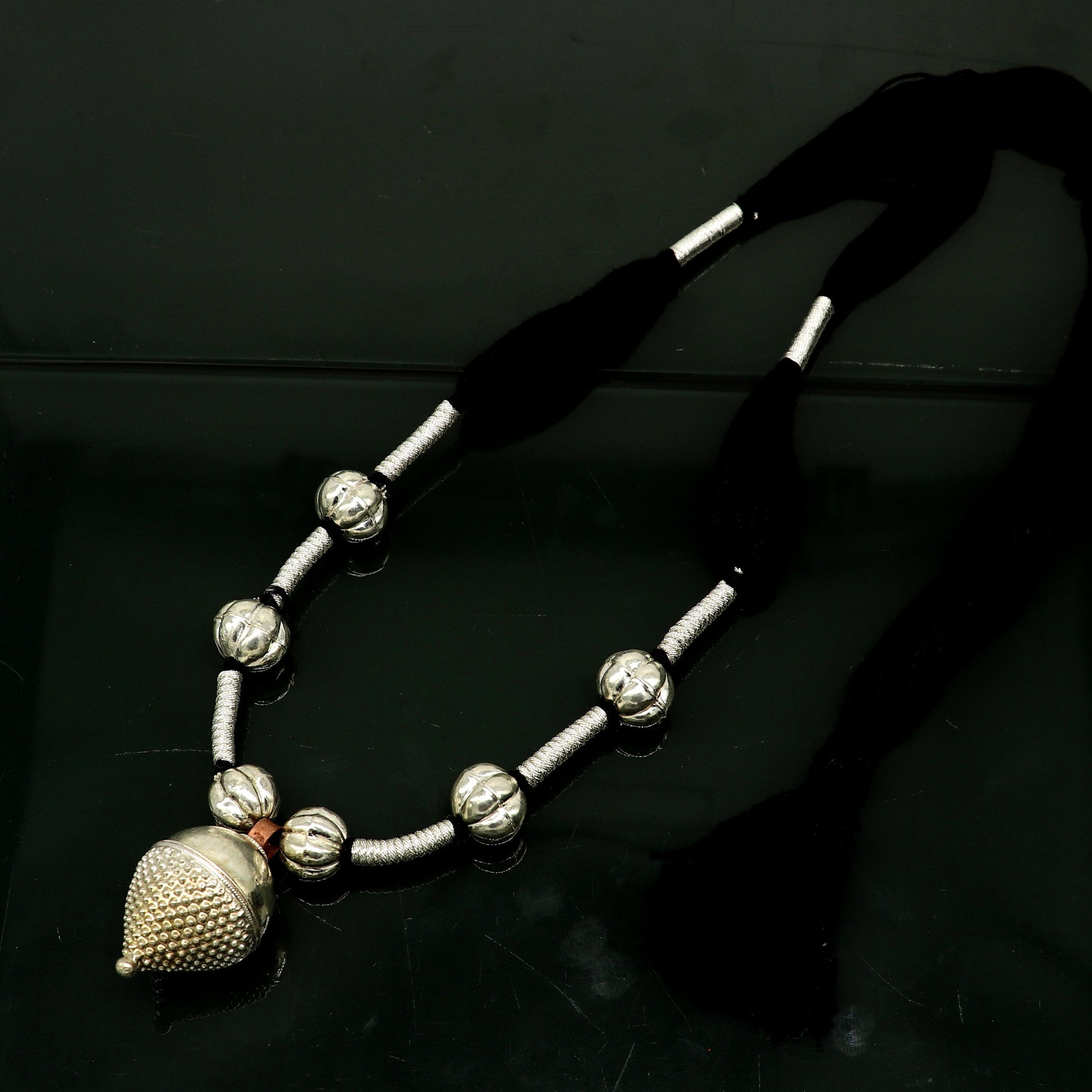 Amazing customized vintage style Sterling silver beads with Black thread charm necklace, wedding choker tribal adjustable jewelry set189 - TRIBAL ORNAMENTS
