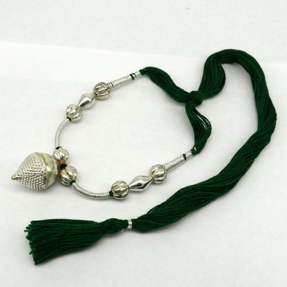 Vintage-style sterling silver beads and green thread charm necklace, tribal adjustable wedding choker jewelry set by TRIBAL ORNAMENTS
