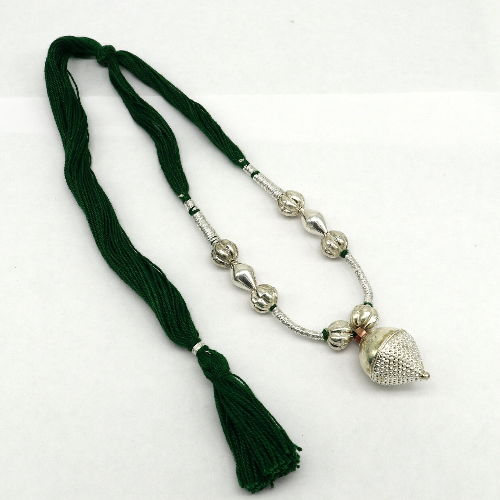 Vintage-style sterling silver beads and green thread charm necklace with tribal, adjustable wedding choker jewelry set by TRIBAL ORNAMENTS.