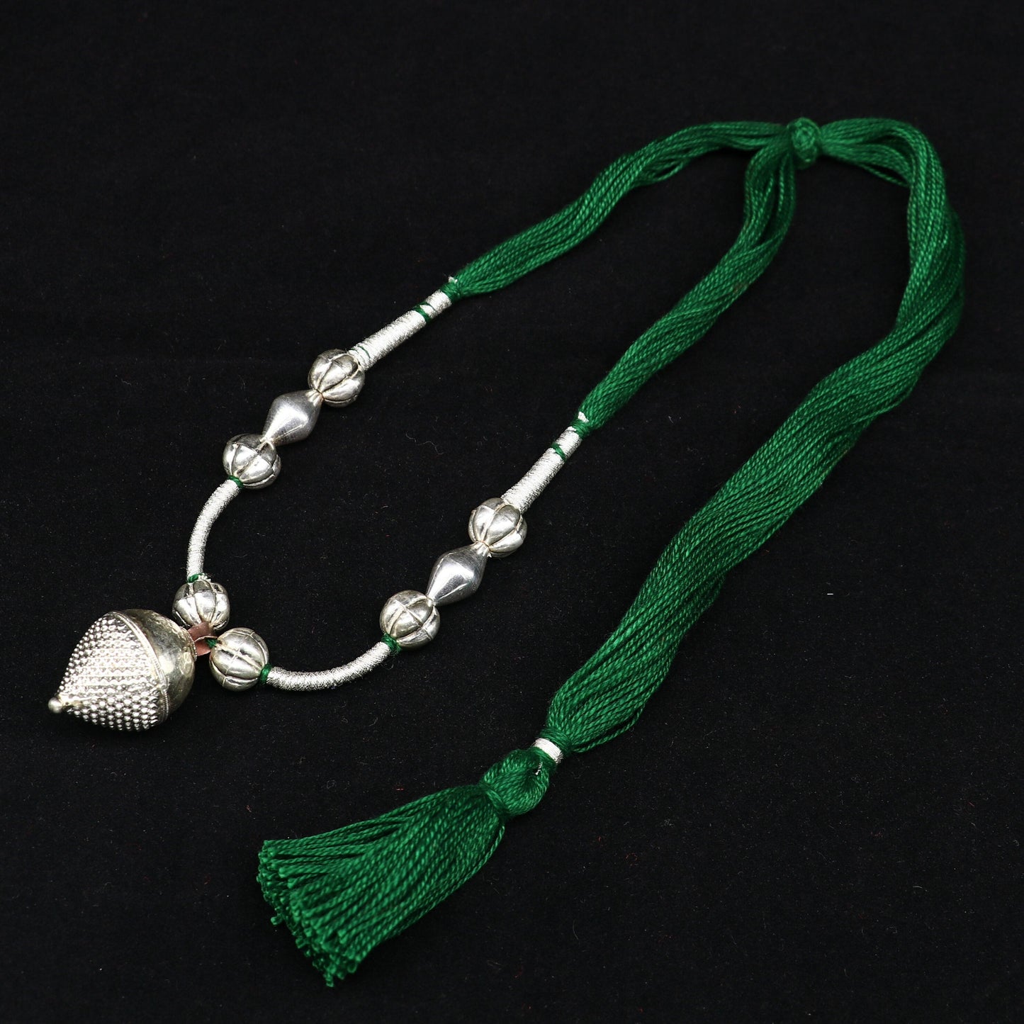 Vintage-style sterling silver beads and green thread charm necklace, tribal adjustable wedding choker jewelry set by TRIBAL ORNAMENTS.