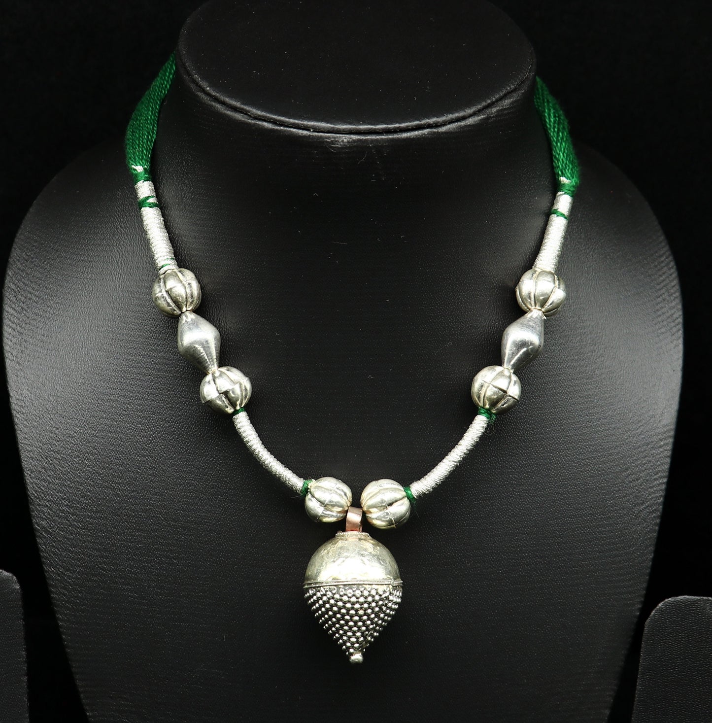Vintage-style sterling silver beads and green thread tribal necklace with adjustable choker design, tribal jewelry set.