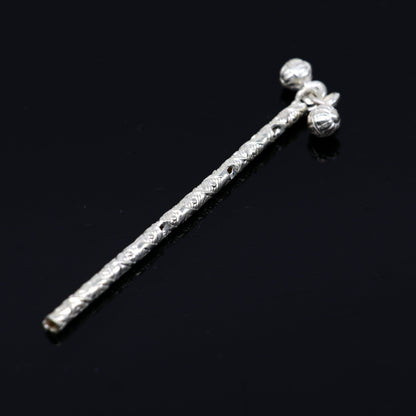 Handmade solid sterling silver Krishna flute and bansuri, detailed puja art featuring Laddu Gopala and Little Krishna design.