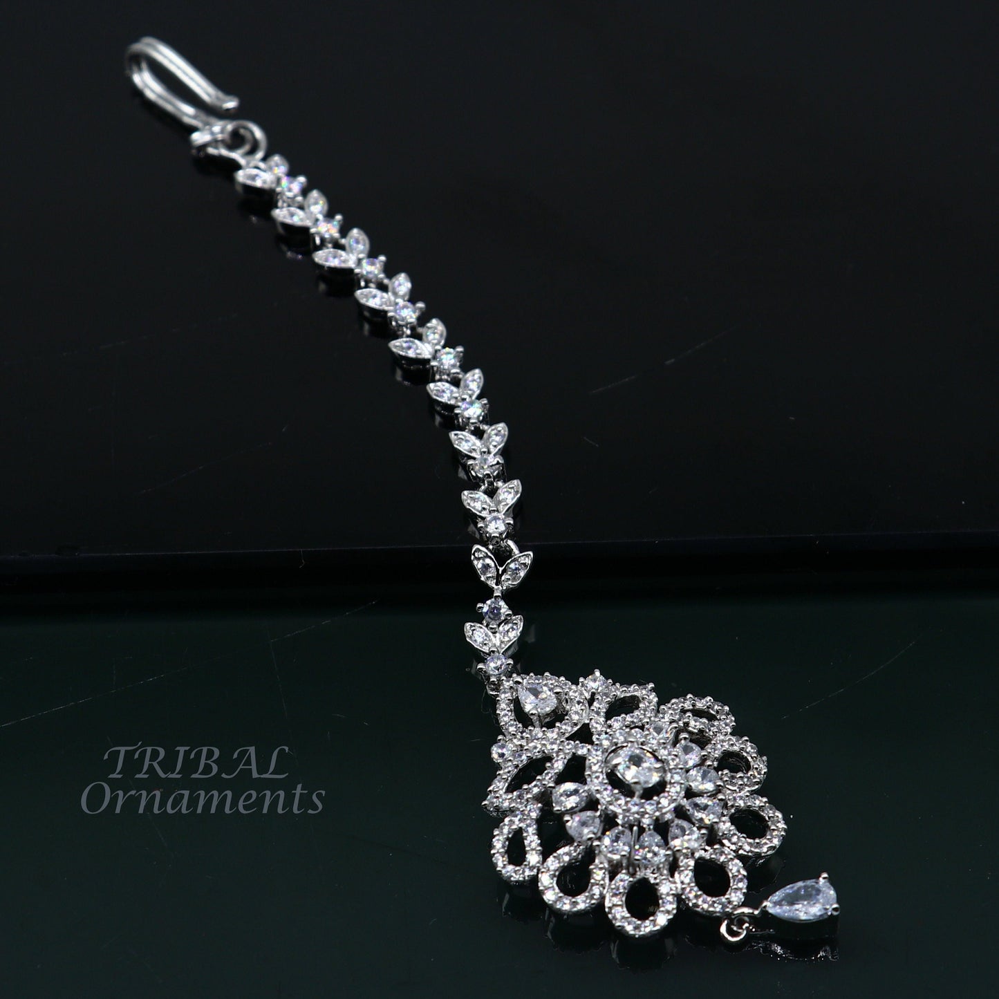 Amazing floral design fancy 925 sterling silver head jewelry Brides Mang Tika, excellent wedding party cubic zircon stone jewelry MT09 - TRIBAL ORNAMENTS