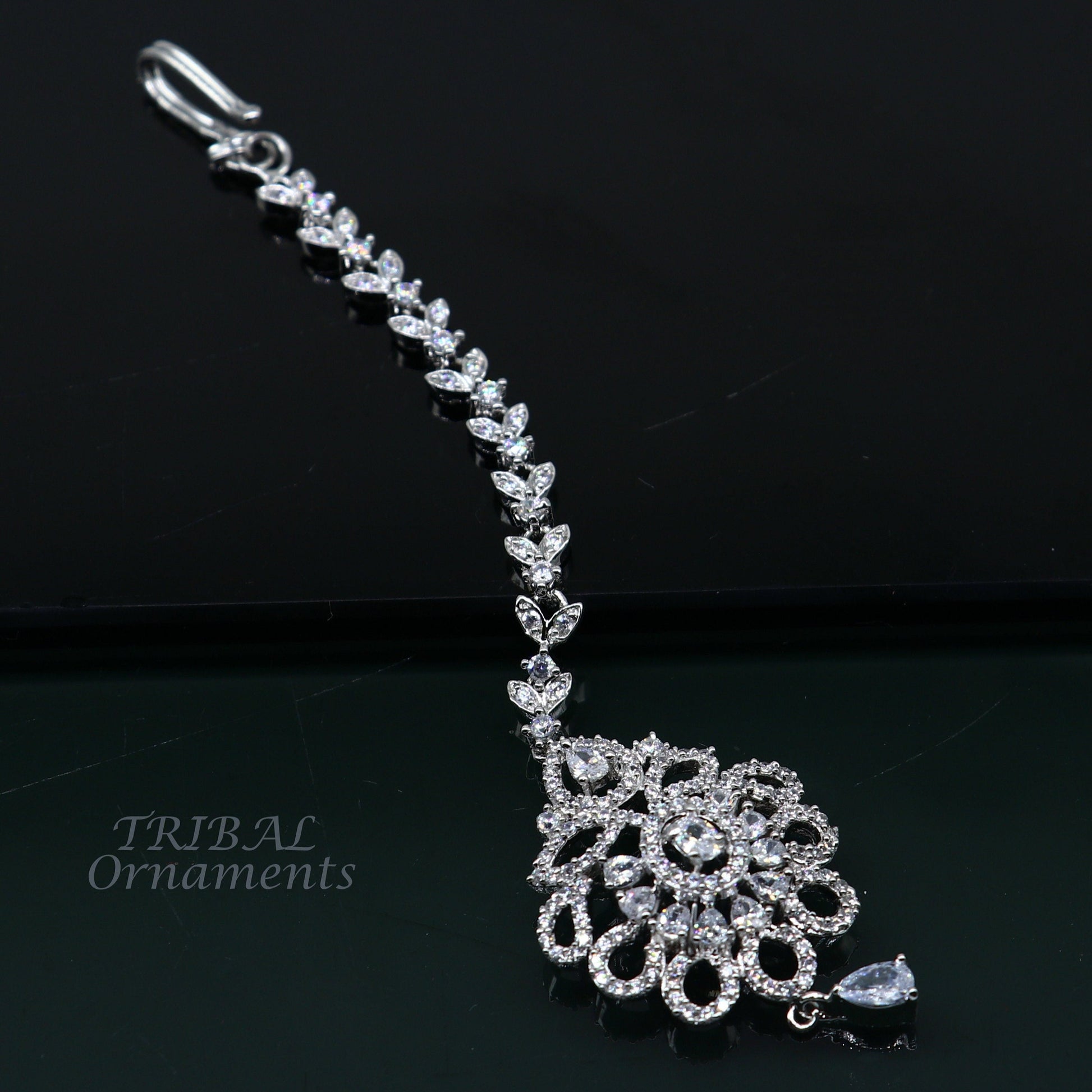 Amazing floral design fancy 925 sterling silver head jewelry Brides Mang Tika, excellent wedding party cubic zircon stone jewelry MT09 - TRIBAL ORNAMENTS