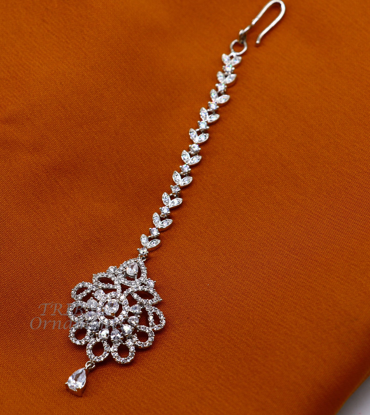 Amazing floral design fancy 925 sterling silver head jewelry Brides Mang Tika, excellent wedding party cubic zircon stone jewelry MT09 - TRIBAL ORNAMENTS