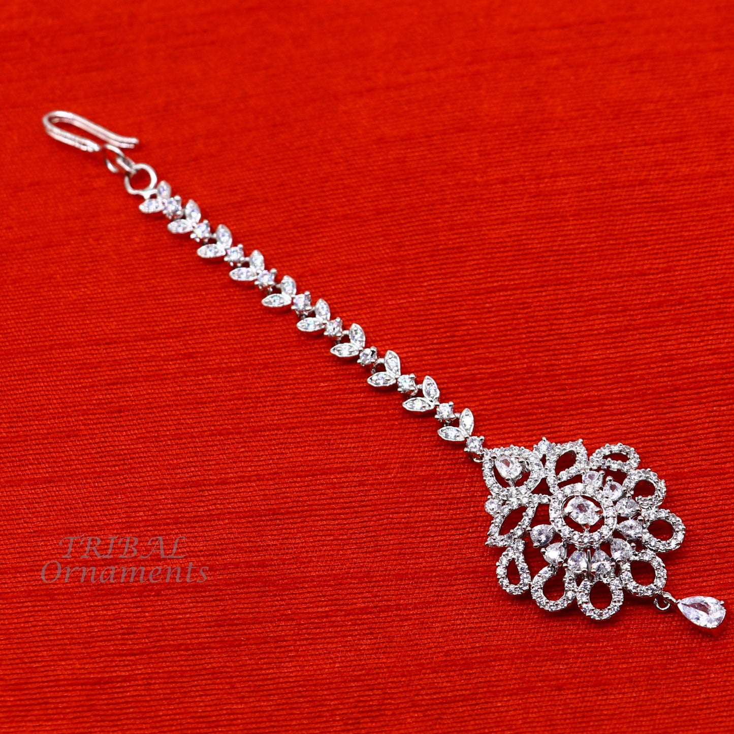 Amazing floral design fancy 925 sterling silver head jewelry Brides Mang Tika, excellent wedding party cubic zircon stone jewelry MT09 - TRIBAL ORNAMENTS