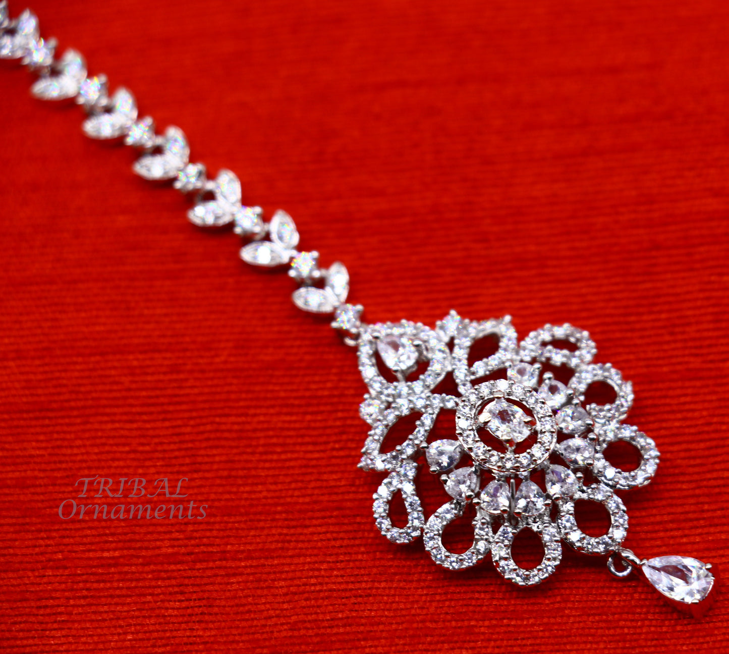 Amazing floral design fancy 925 sterling silver head jewelry Brides Mang Tika, excellent wedding party cubic zircon stone jewelry MT09 - TRIBAL ORNAMENTS