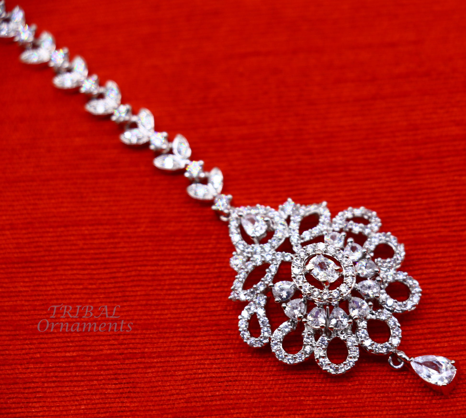 Amazing floral design fancy 925 sterling silver head jewelry Brides Mang Tika, excellent wedding party cubic zircon stone jewelry MT09 - TRIBAL ORNAMENTS