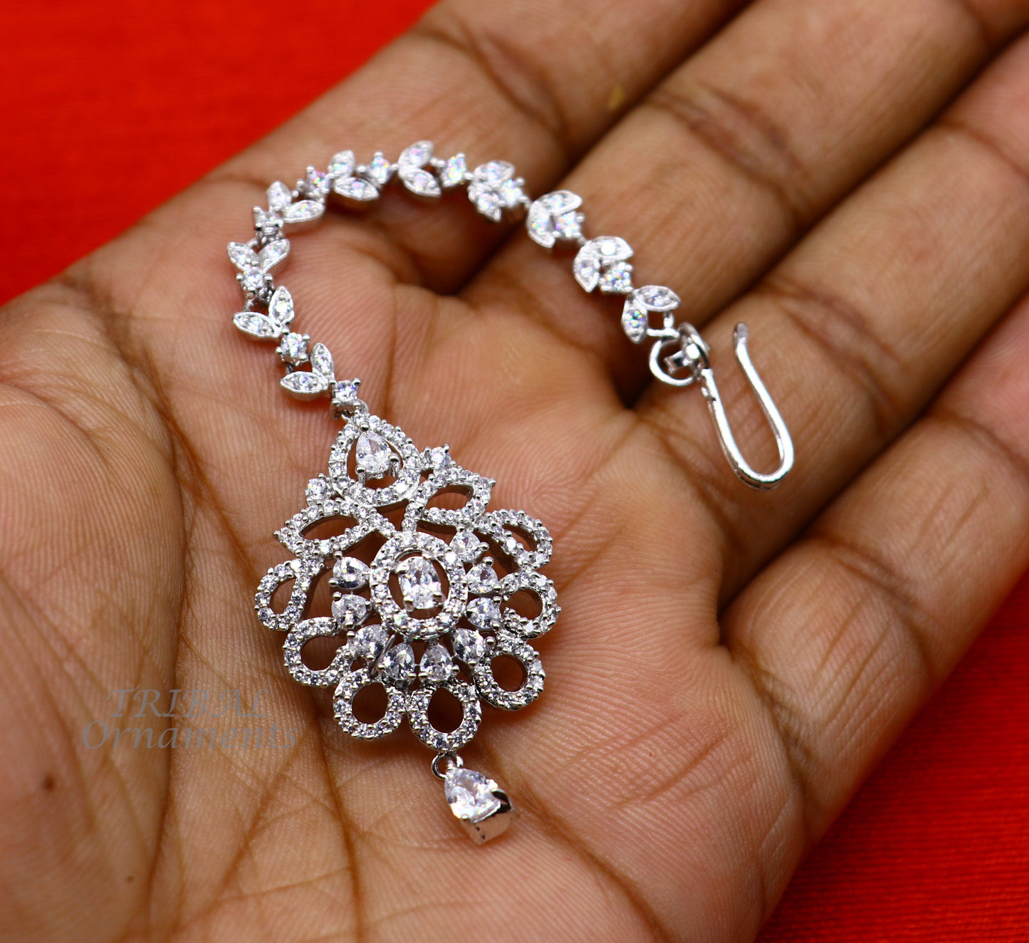 Amazing floral design fancy 925 sterling silver head jewelry Brides Mang Tika, excellent wedding party cubic zircon stone jewelry MT09 - TRIBAL ORNAMENTS