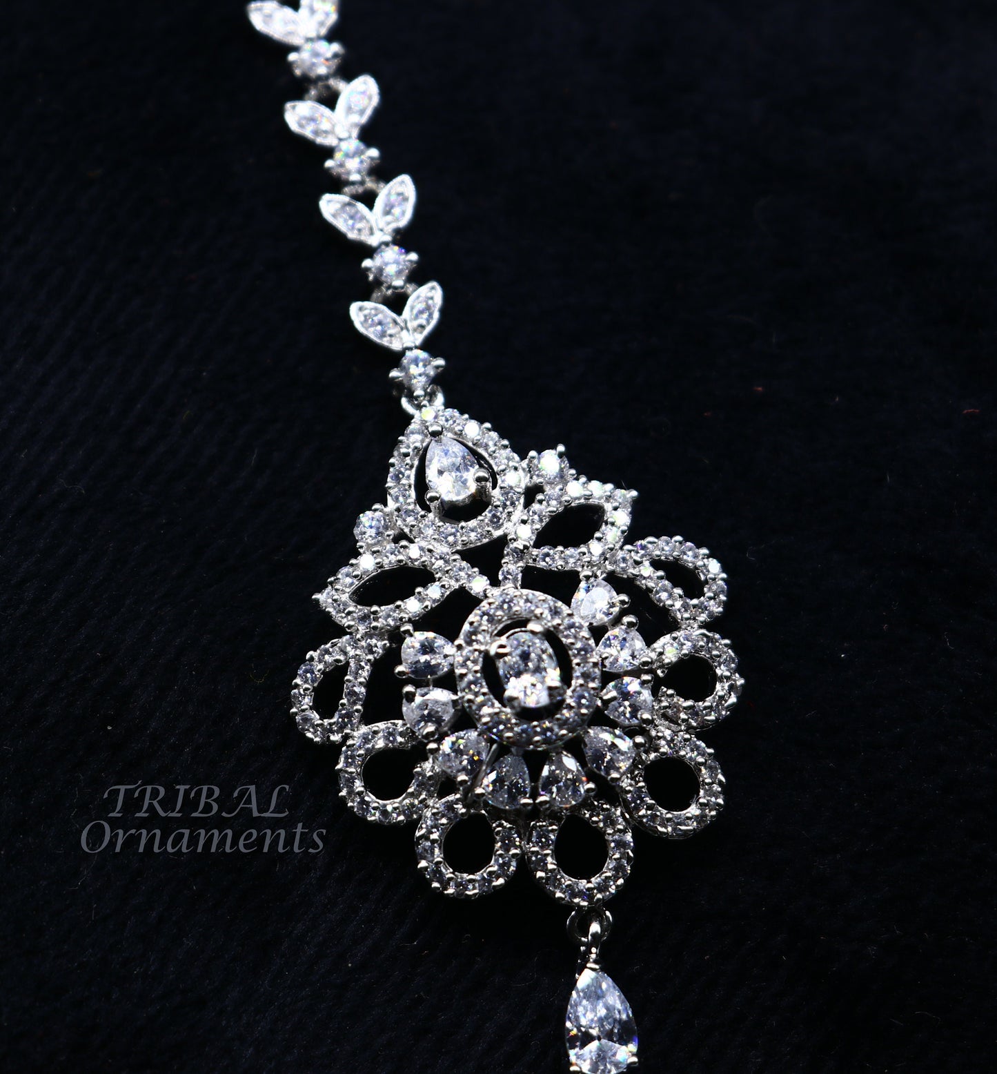 Amazing floral design fancy 925 sterling silver head jewelry Brides Mang Tika, excellent wedding party cubic zircon stone jewelry MT09 - TRIBAL ORNAMENTS