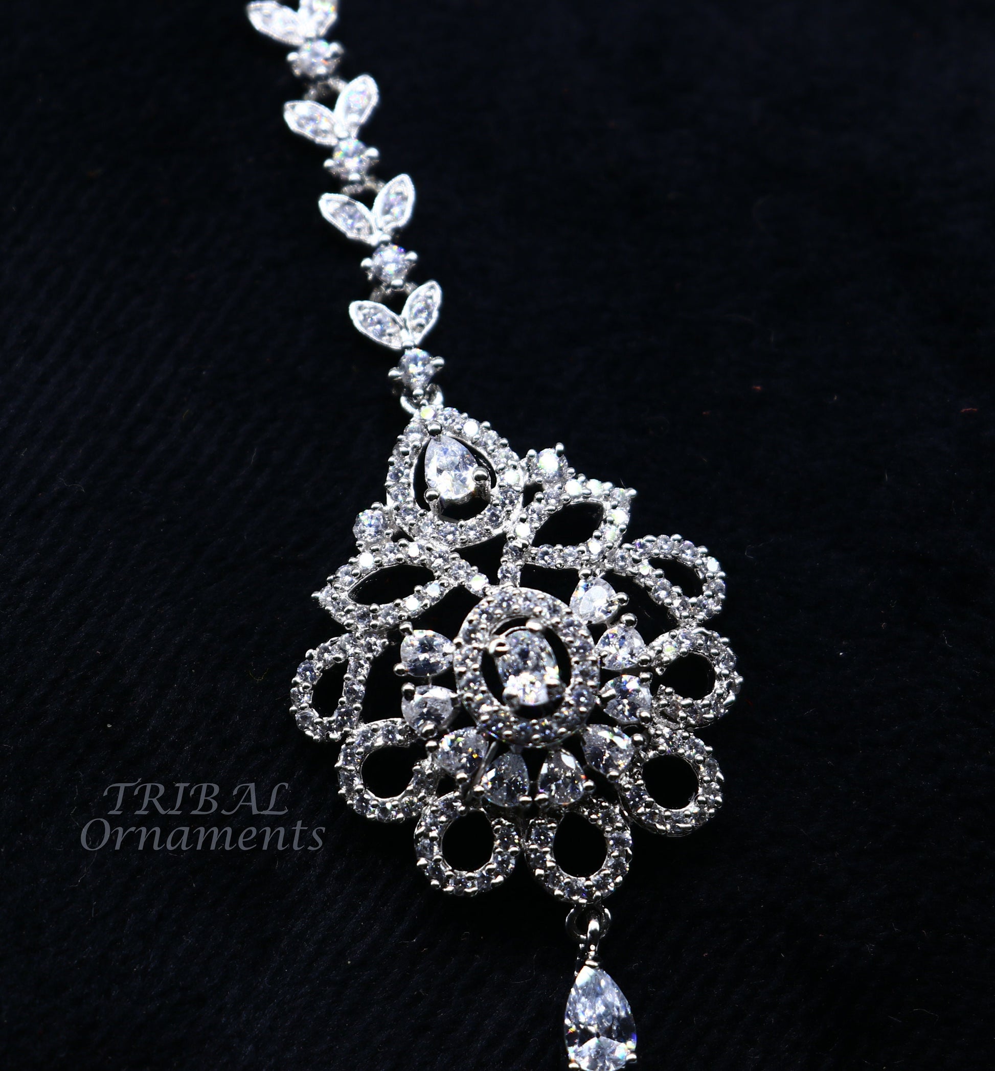 Amazing floral design fancy 925 sterling silver head jewelry Brides Mang Tika, excellent wedding party cubic zircon stone jewelry MT09 - TRIBAL ORNAMENTS